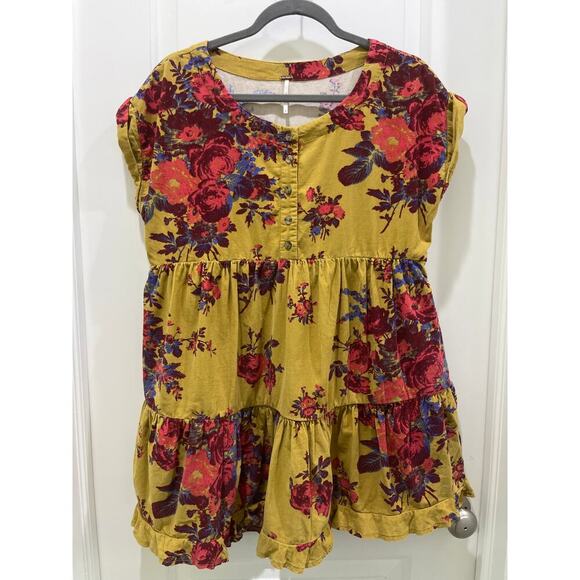 Free People Harper Mini Dress Cotton Corduroy Button Front Tiered Smocked Sz XS - Picture 2 of 8